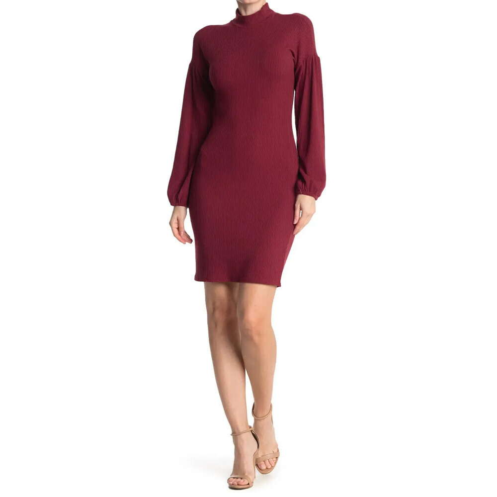 Melloday Mock Neck Long Sleeve Ribbed Sheath Dress In Wine Size L - Picture 2 of 7